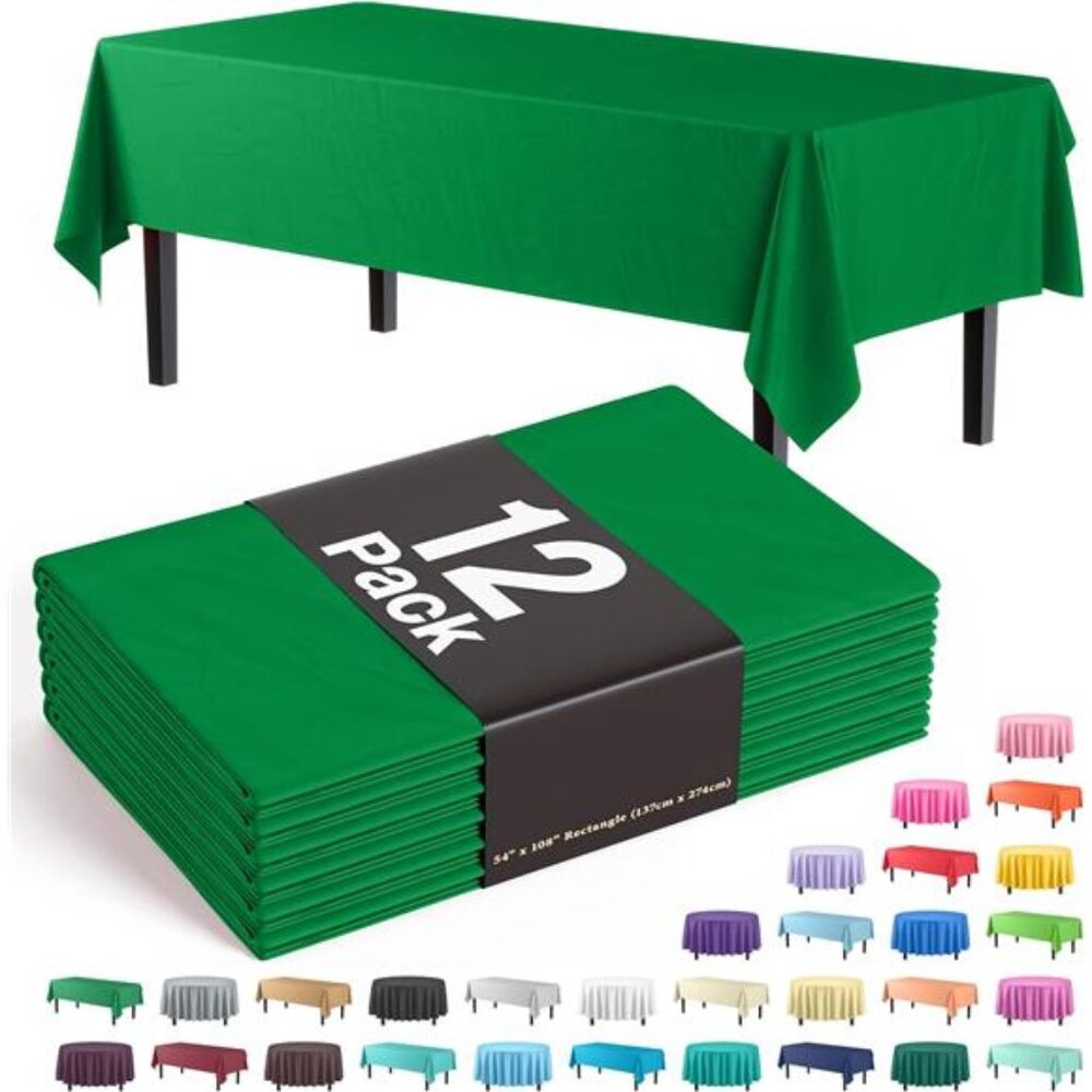 12-Pack Premium Plastic Tablecloth 54in. x 108in. Rectangle Table Cover -Emerald